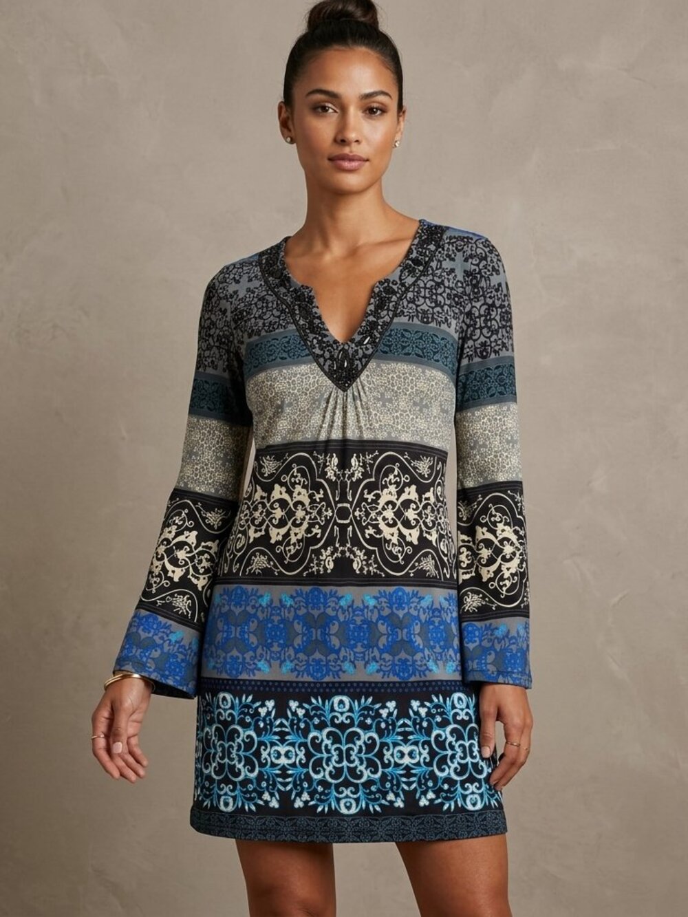 Hale Bob Silk Dress Medium Multicolor Beaded V-Neck Bell Sleeve Boho Tie Back